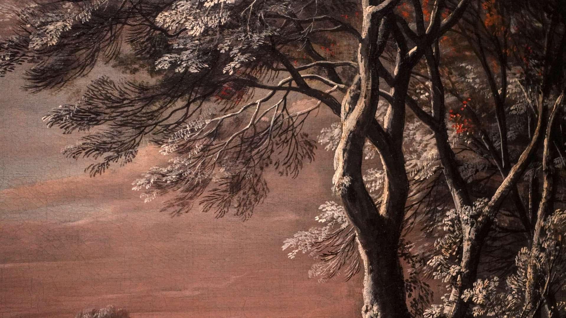 Detailed view of a snowy 16th-century Belgian village scene in a Flemish winter painting.